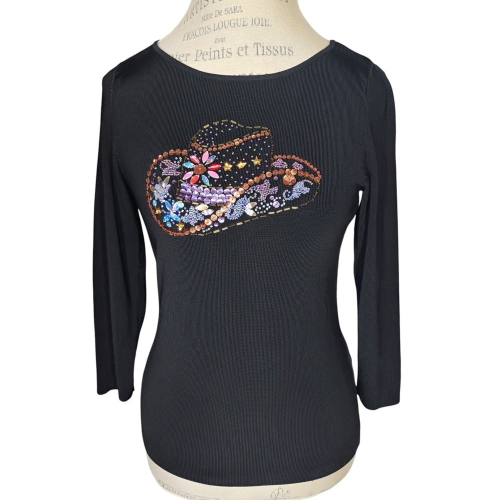 Vtg Sweaterworks Top Womens Small Black Cowgirl Hat Bling Sequin Western Rodeo